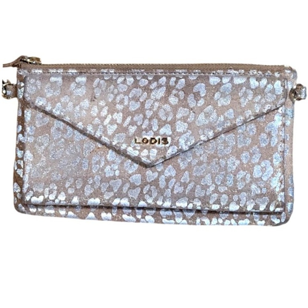 LODIS Silver Leopard Print Leather Envelope‎ Clutch Wallet with Wristlet Strap